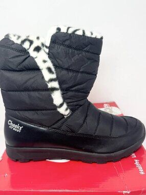 Tony Little Cheeks Puffer Boot Black w/Snow Leopard Trim Size 11 New in Box
